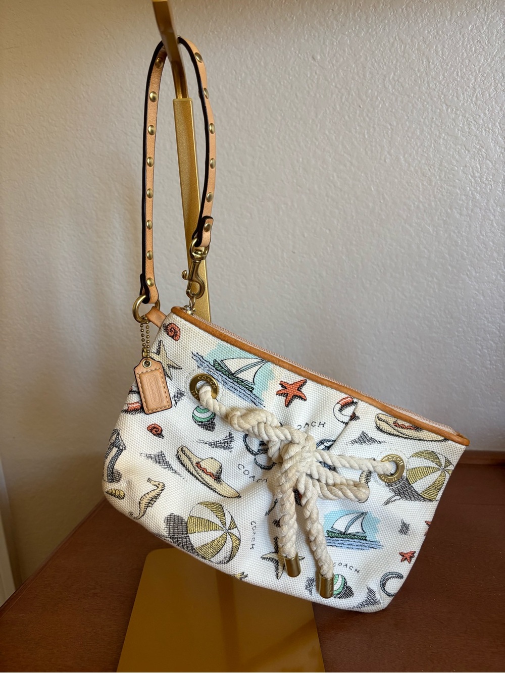 Vintage Coach Multicolor Beach-Print Canvas Wristlet with Tan Trim w/ free charm - Picture 13 of 13